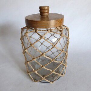 NEW 10.5” NAUTICAL NET ROPE LIDDED GLASS WOOD LIDDED DECORATIVE JAR CONTAINER